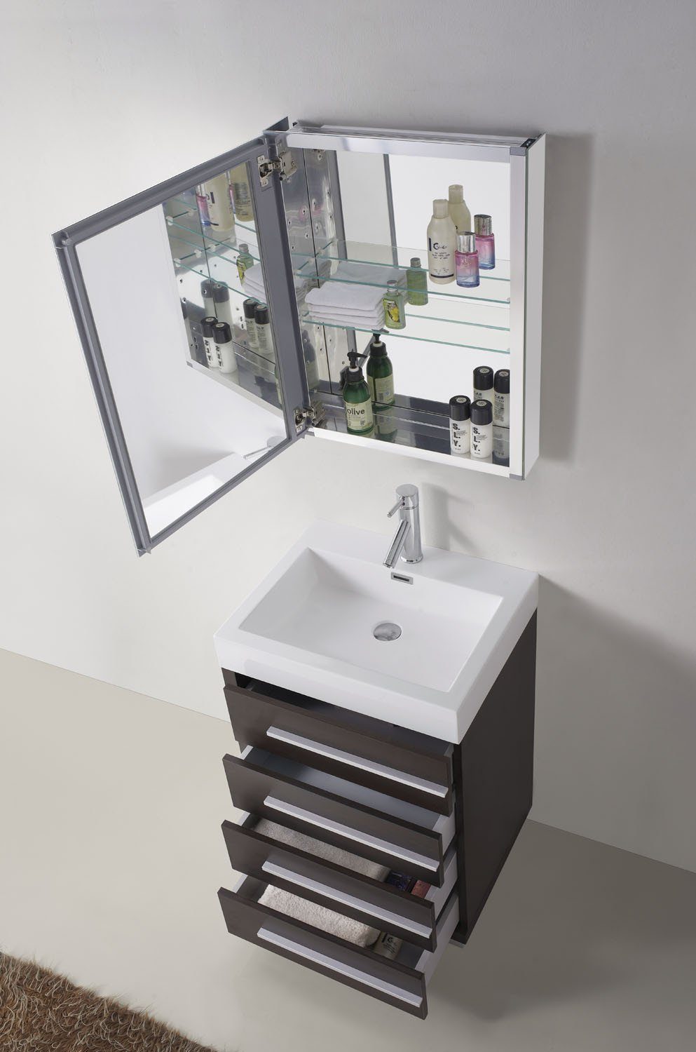 Virtu USA Bailey 24" Single Square Sink Wenge Top with Brushed Nickel Faucet and Mirror Vanity Virtu USA 