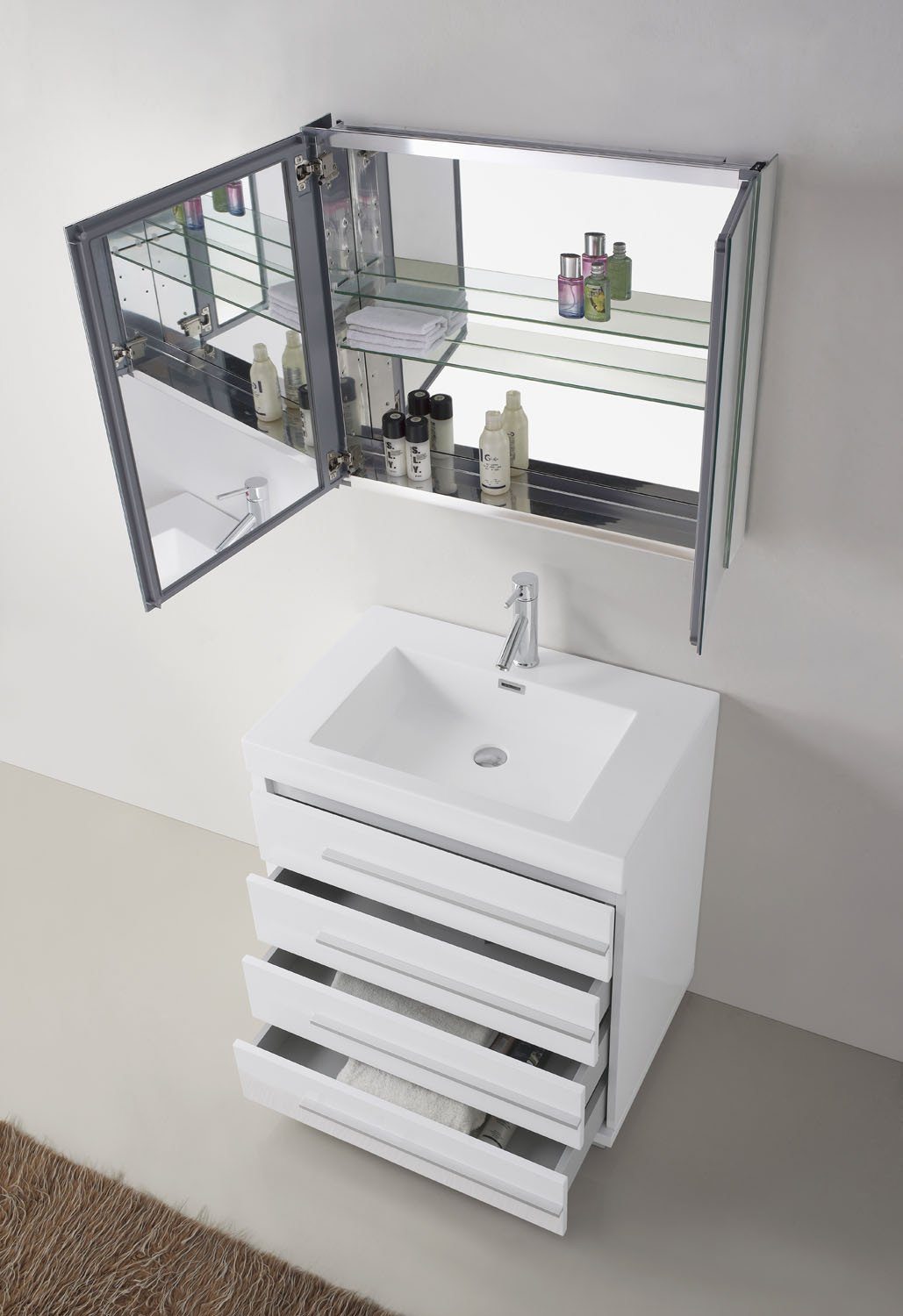 Virtu USA Bailey 30" Single Square Sink Gloss White Top Vanity in Gloss White with Polished Chrome Faucet and Mirror Vanity Virtu USA 