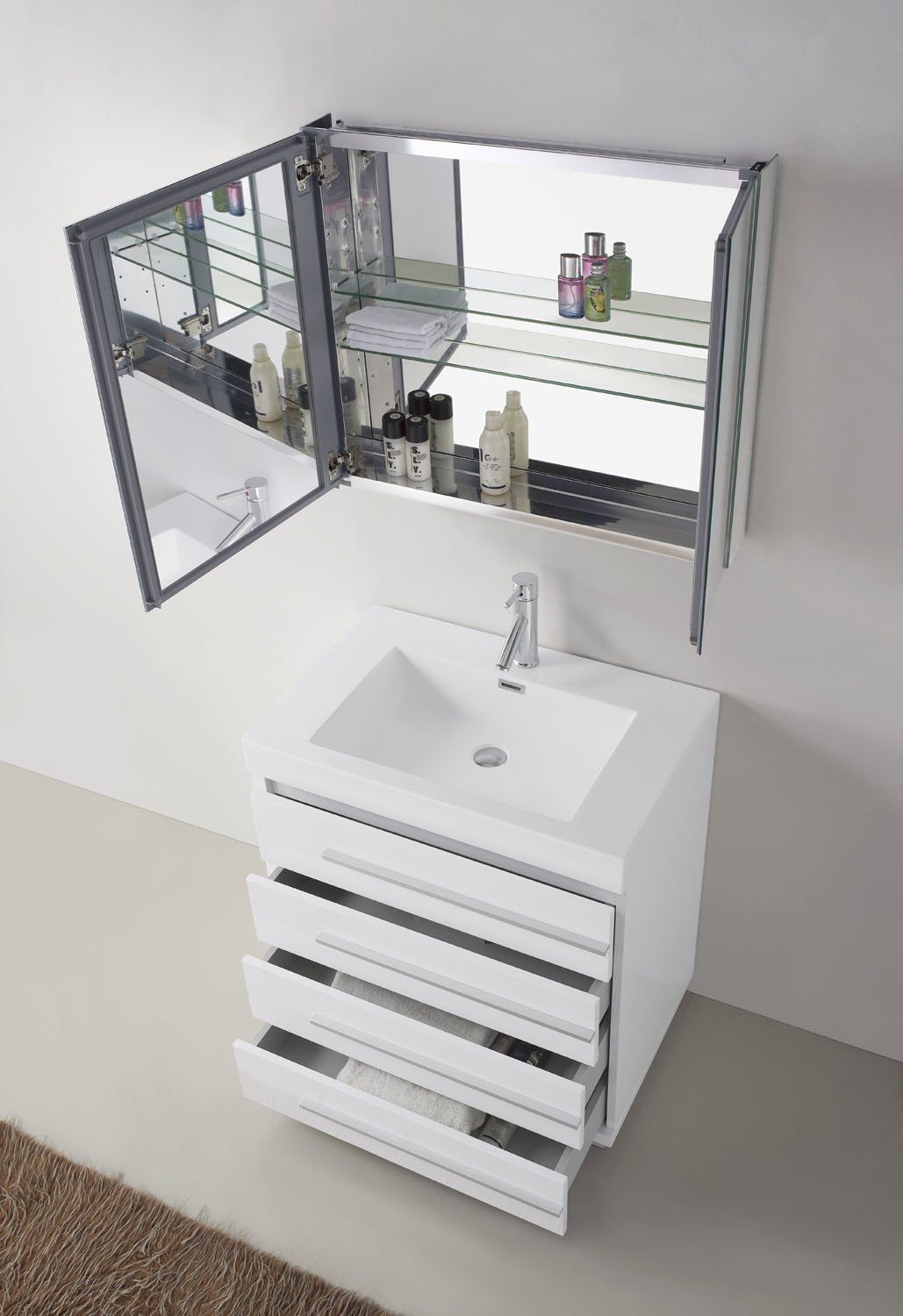 Virtu USA Bailey 30" Single Square Sink Gloss White Top Vanity in Gloss White with Brushed Nickel Faucet and Mirror Vanity Virtu USA 