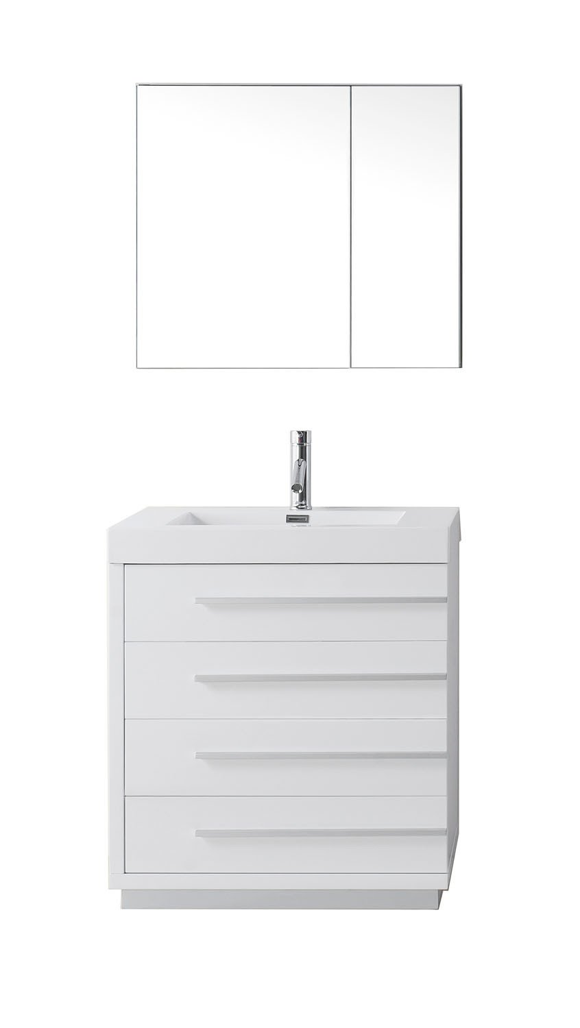 Virtu USA Bailey 30" Single Square Sink Gloss White Top Vanity in Gloss White with Polished Chrome Faucet and Mirror Vanity Virtu USA 