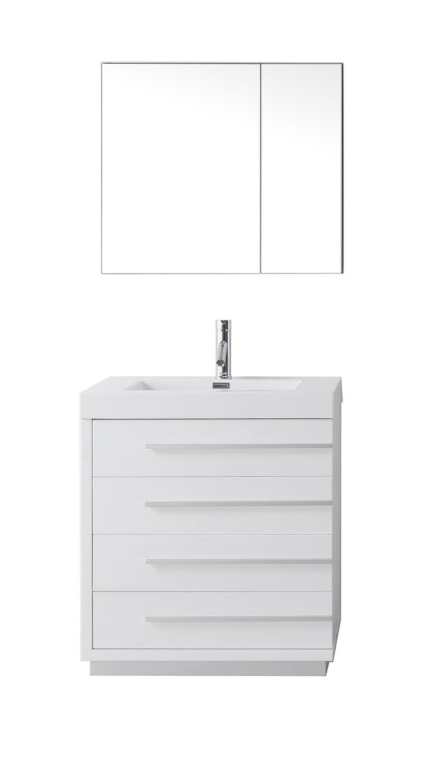 Virtu USA Bailey 30" Single Square Sink Gloss White Top Vanity in Gloss White with Brushed Nickel Faucet and Mirror Vanity Virtu USA 