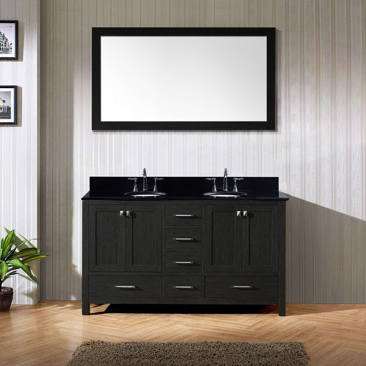 Virtu USA Caroline Premium 60" Double Round Sink Zebra Grey Top Vanity in Zebra Grey with Mirror Vanity Virtu USA 