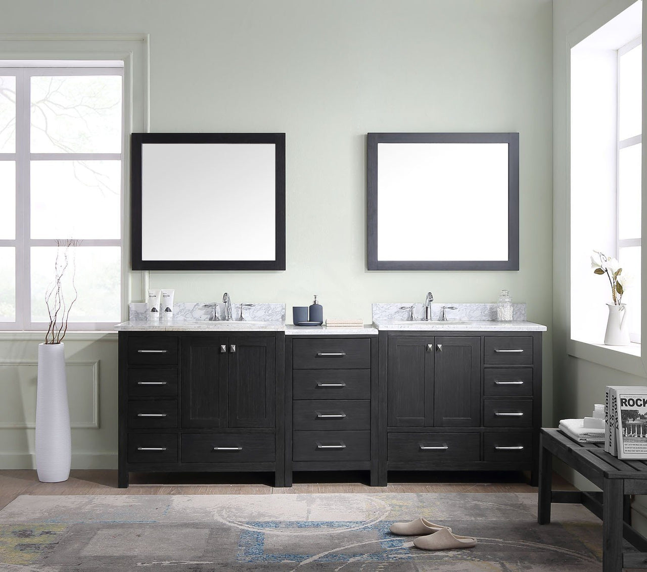 Virtu USA Caroline Premium 90" Double Round Sink Zebra Grey Top Vanity in Zebra Grey with Mirrors Vanity Virtu USA 