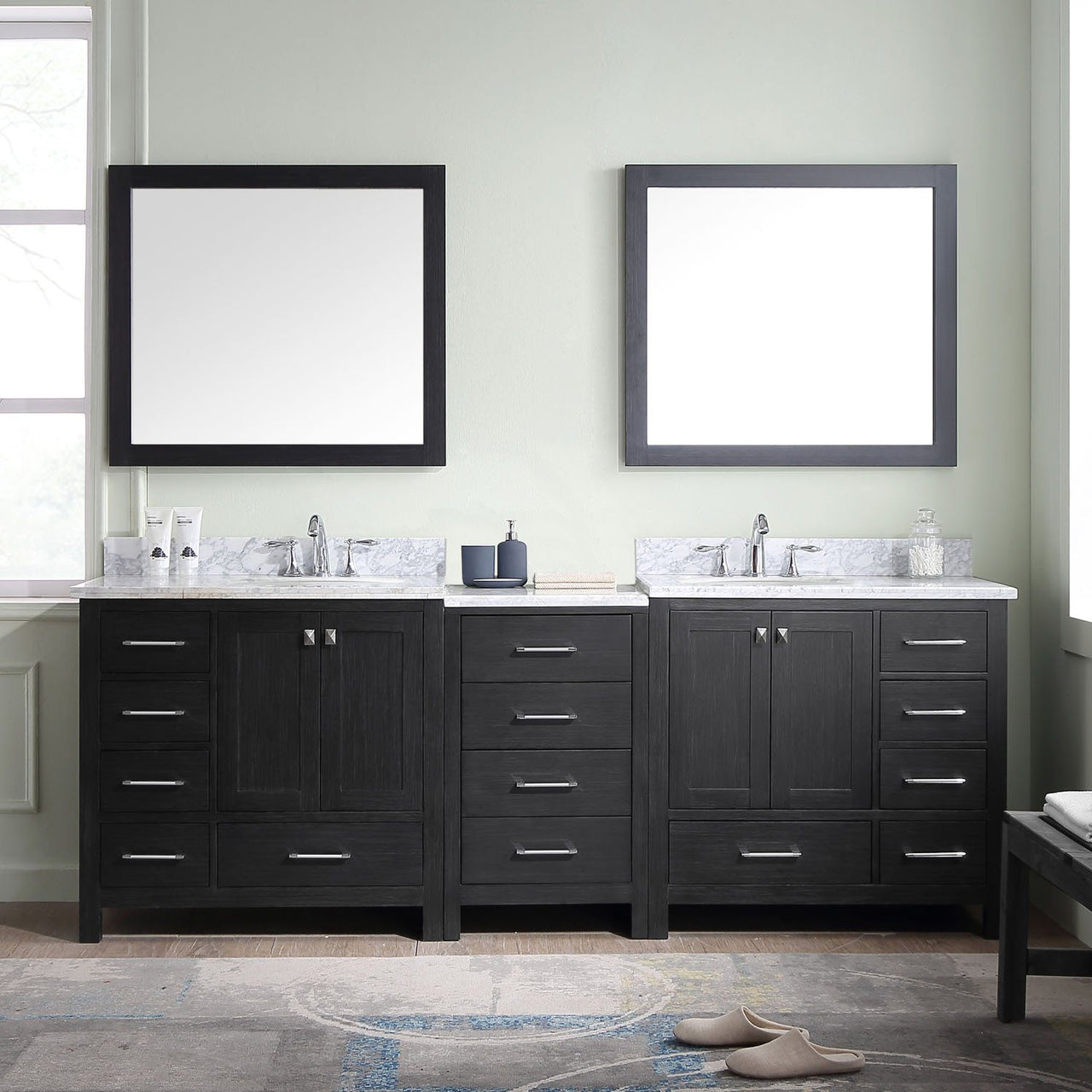 Virtu USA Caroline Premium 90" Double Round Sink Zebra Grey Top Vanity in Zebra Grey with Mirrors Vanity Virtu USA 