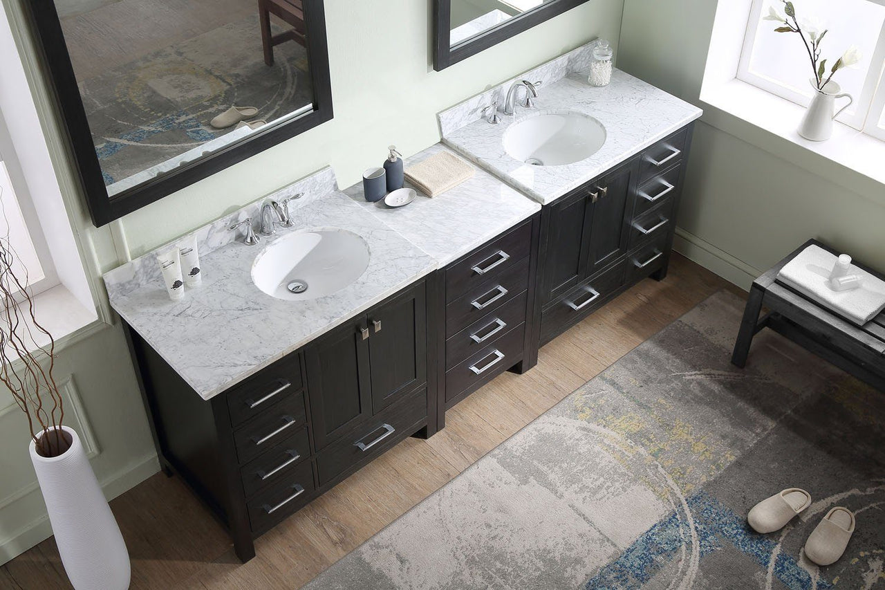 Virtu USA Caroline Premium 90" Double Round Sink Zebra Grey Top Vanity in Zebra Grey with Mirrors Vanity Virtu USA 