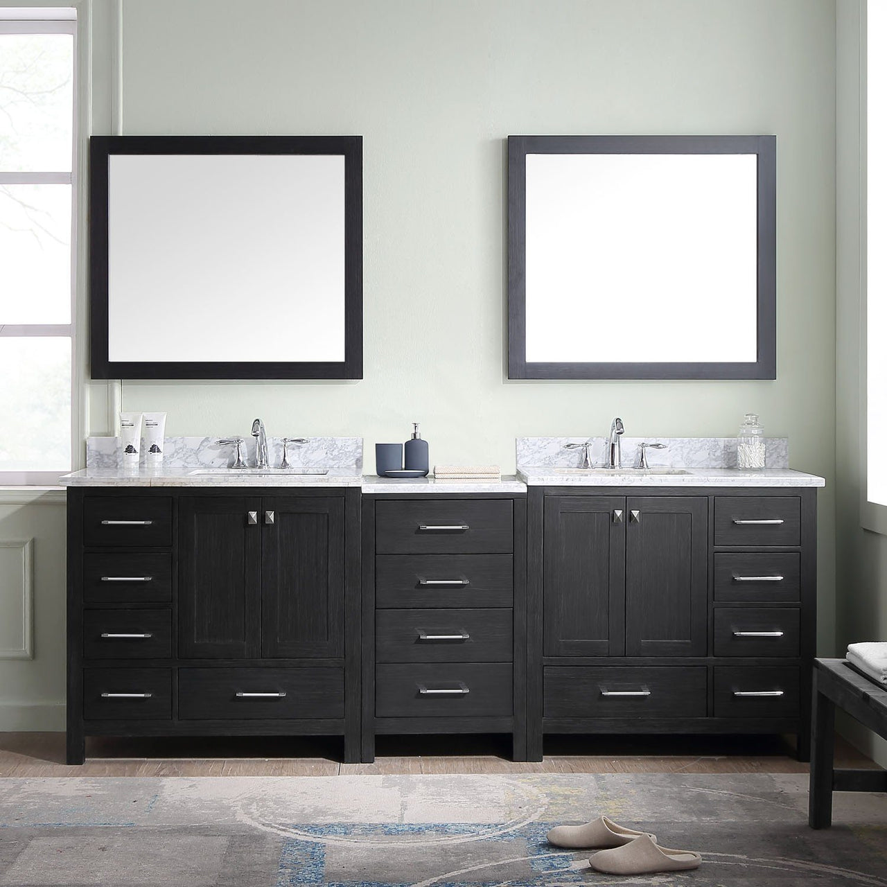 Virtu USA Caroline Premium 90" Double Square Sink Zebra Grey Top Vanity with Mirrors Vanity Virtu USA 
