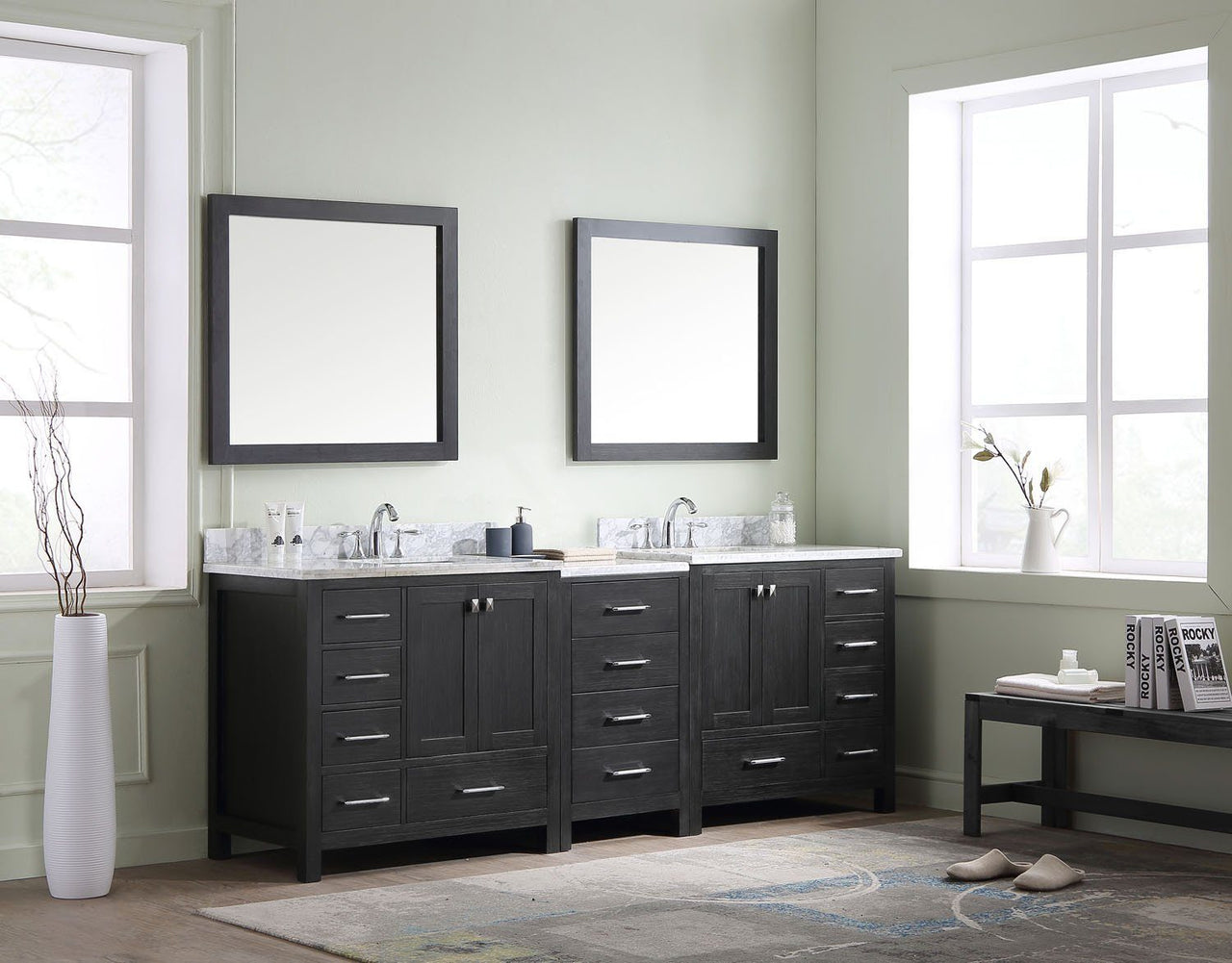 Virtu USA Caroline Premium 90" Double Square Sink Zebra Grey Top Vanity with Mirrors Vanity Virtu USA 