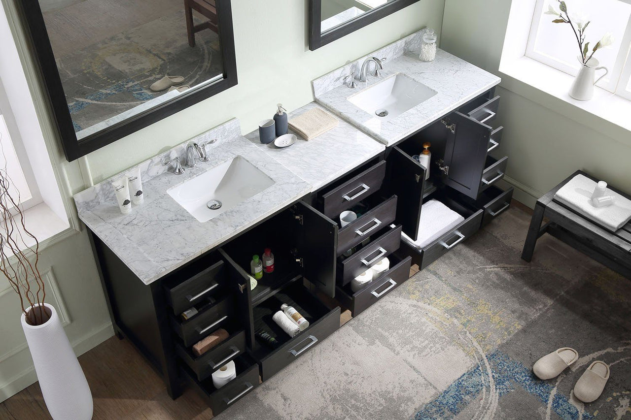 Virtu USA Caroline Premium 90" Double Square Sink Zebra Grey Top Vanity with Mirrors