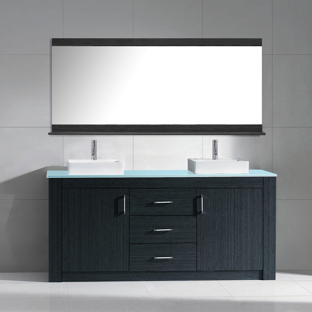 Virtu USA Tavian 60" Double Square Sink Grey Top Vanity with Polished Chrome Faucet and Mirror Vanity Virtu USA 