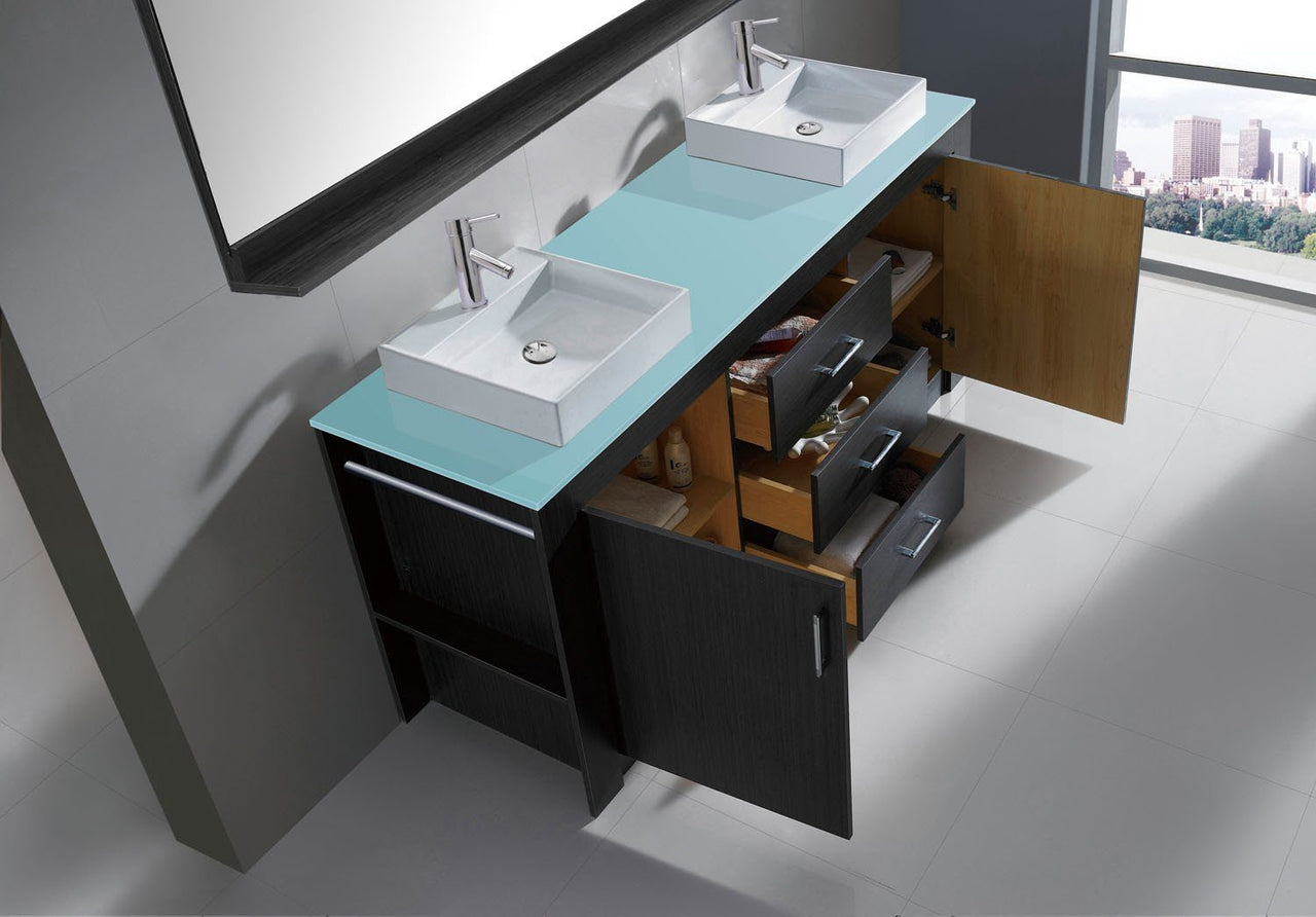 Virtu USA Tavian 60" Double Square Sink Grey Top Vanity with Polished Chrome Faucet and Mirror Vanity Virtu USA 