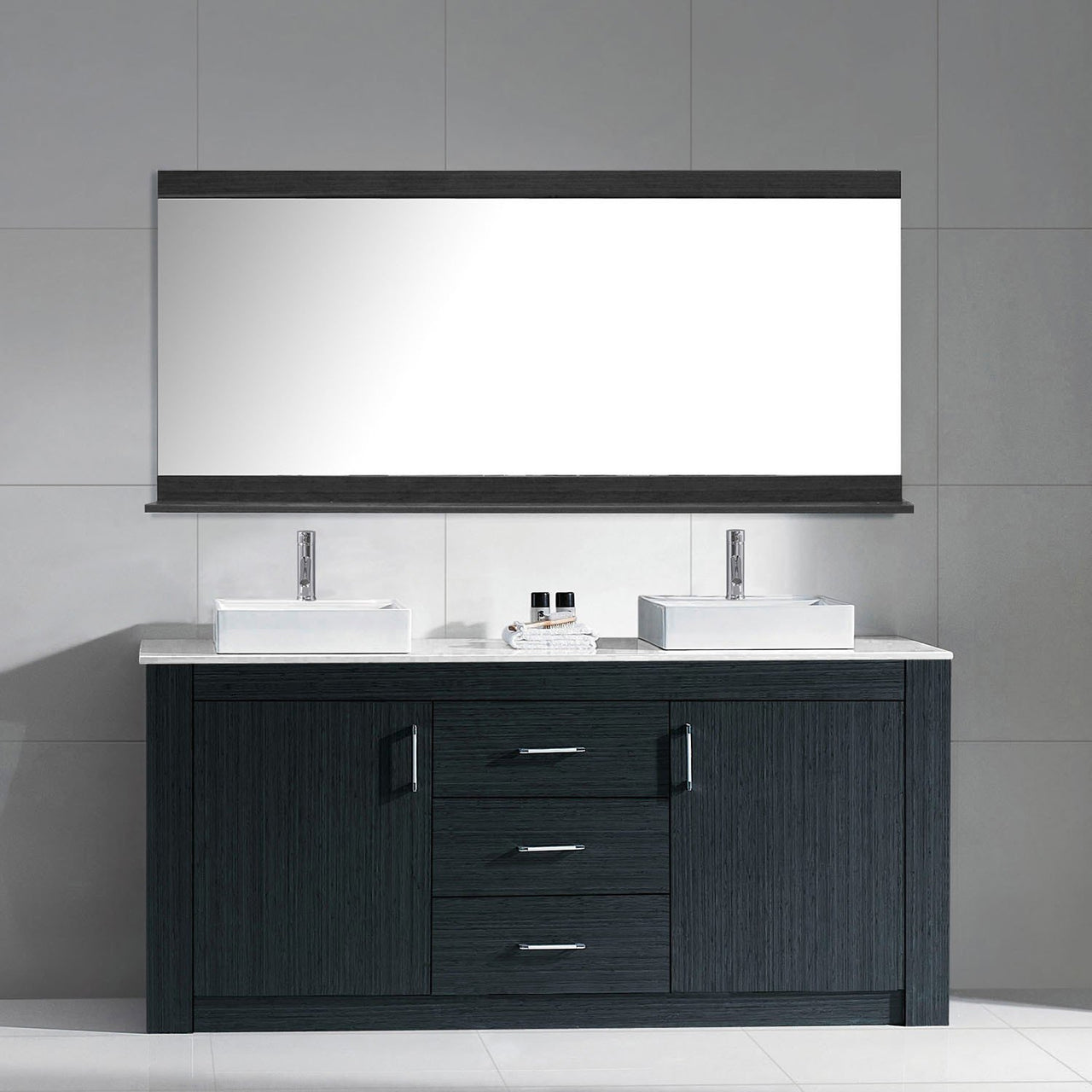 Virtu USA Tavian 60" Double Square Sink Grey Top Vanity with Polished Chrome Faucet and Mirror Vanity Virtu USA 