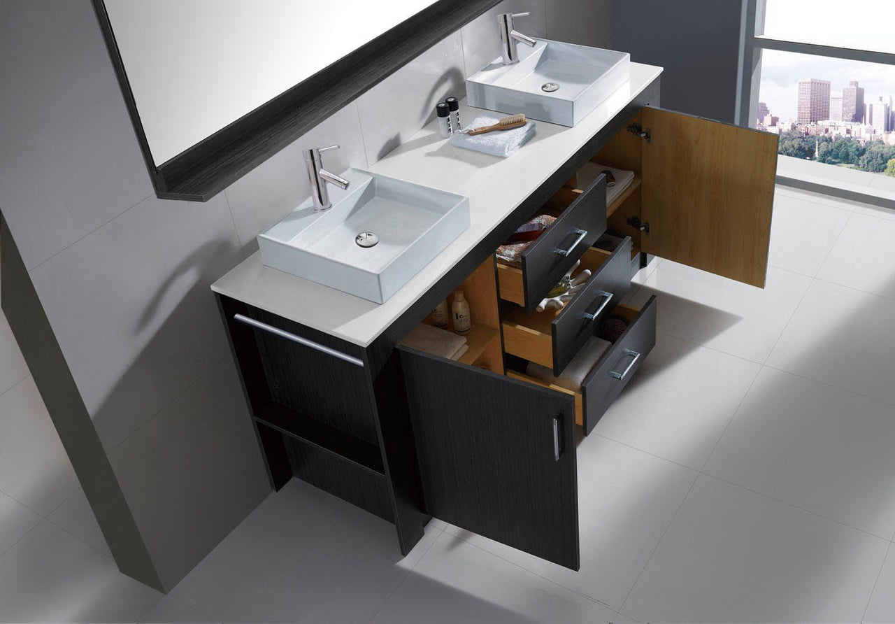 Virtu USA Tavian 60" Double Square Sink Grey Top Vanity with Polished Chrome Faucet and Mirror Vanity Virtu USA 
