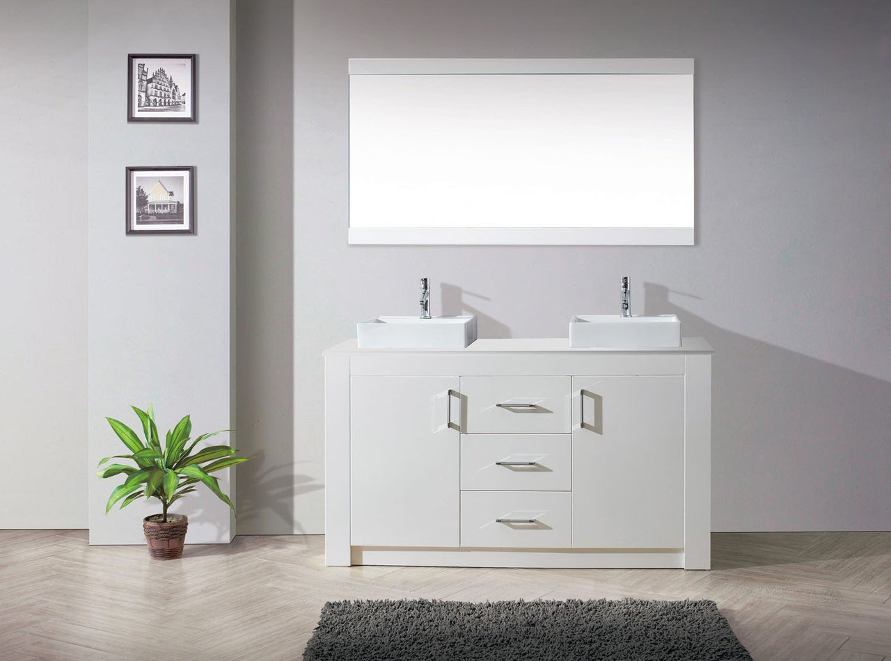 Virtu USA Tavian 60" Double Square Sink White Top Vanity in White with Polished Chrome Faucet and Mirror Vanity Virtu USA 