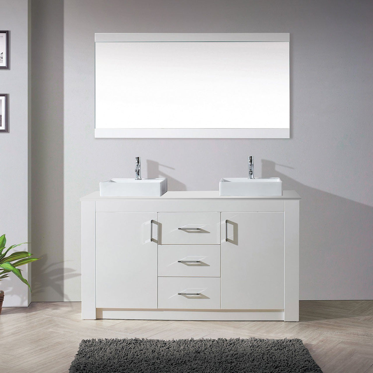 Virtu USA Tavian 60" Double Square Sink White Top Vanity in White with Polished Chrome Faucet and Mirror Vanity Virtu USA 