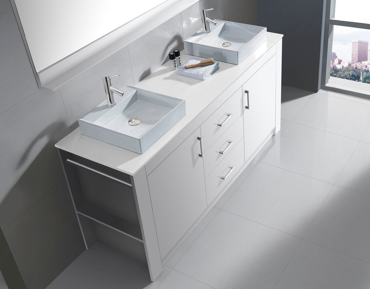 Virtu USA Tavian 60" Double Square Sink White Top Vanity in White with Polished Chrome Faucet and Mirror Vanity Virtu USA 