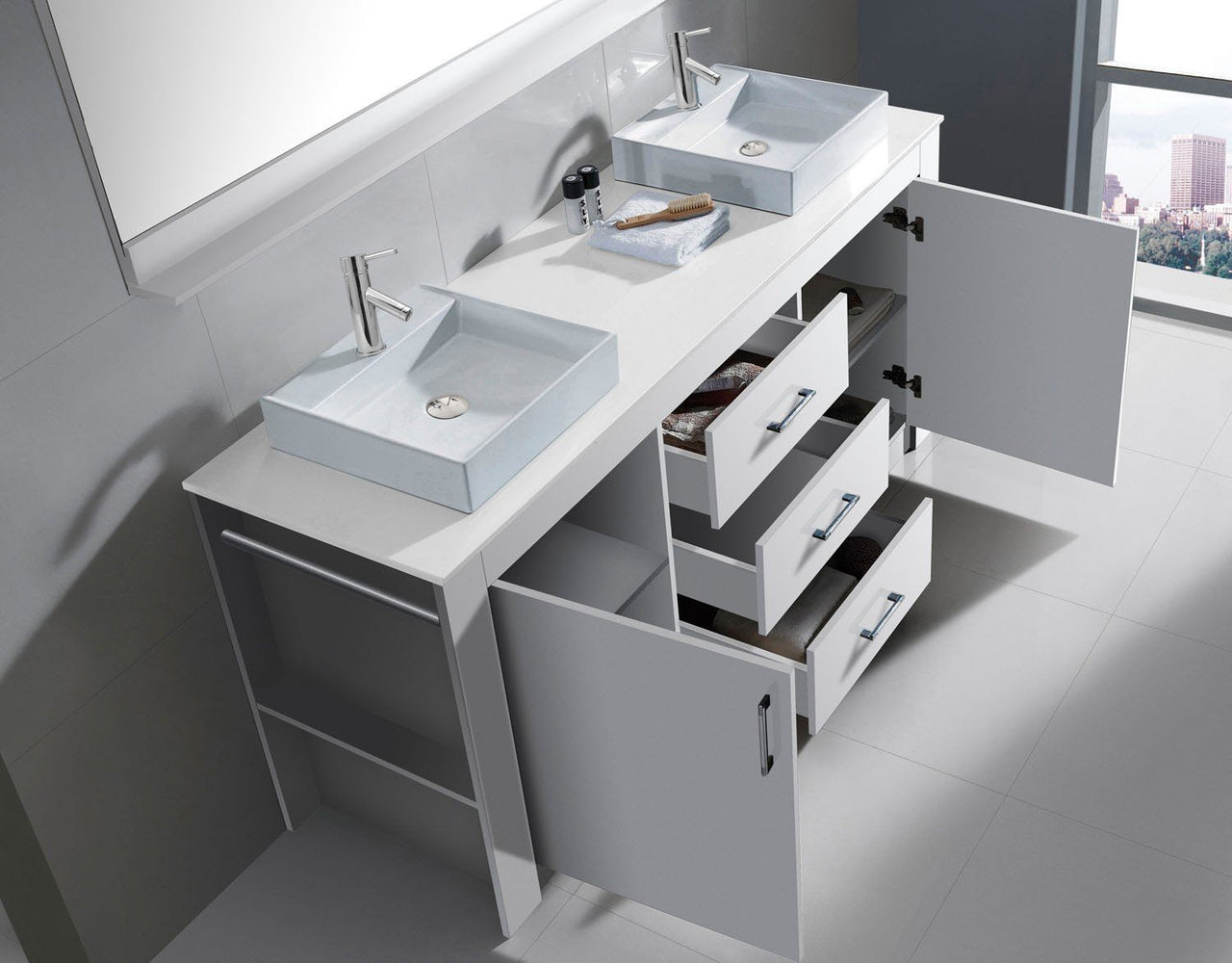 Virtu USA Tavian 60" Double Square Sink White Top Vanity in White with Polished Chrome Faucet and Mirror Vanity Virtu USA 