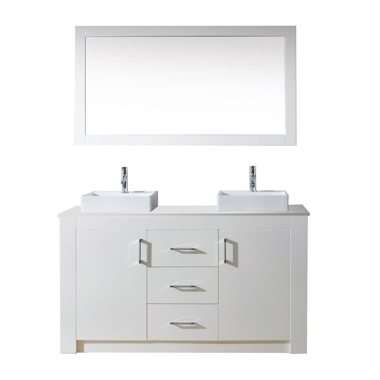 Virtu USA Tavian 60" Double Square Sink White Top Vanity in White with Polished Chrome Faucet and Mirror Vanity Virtu USA 