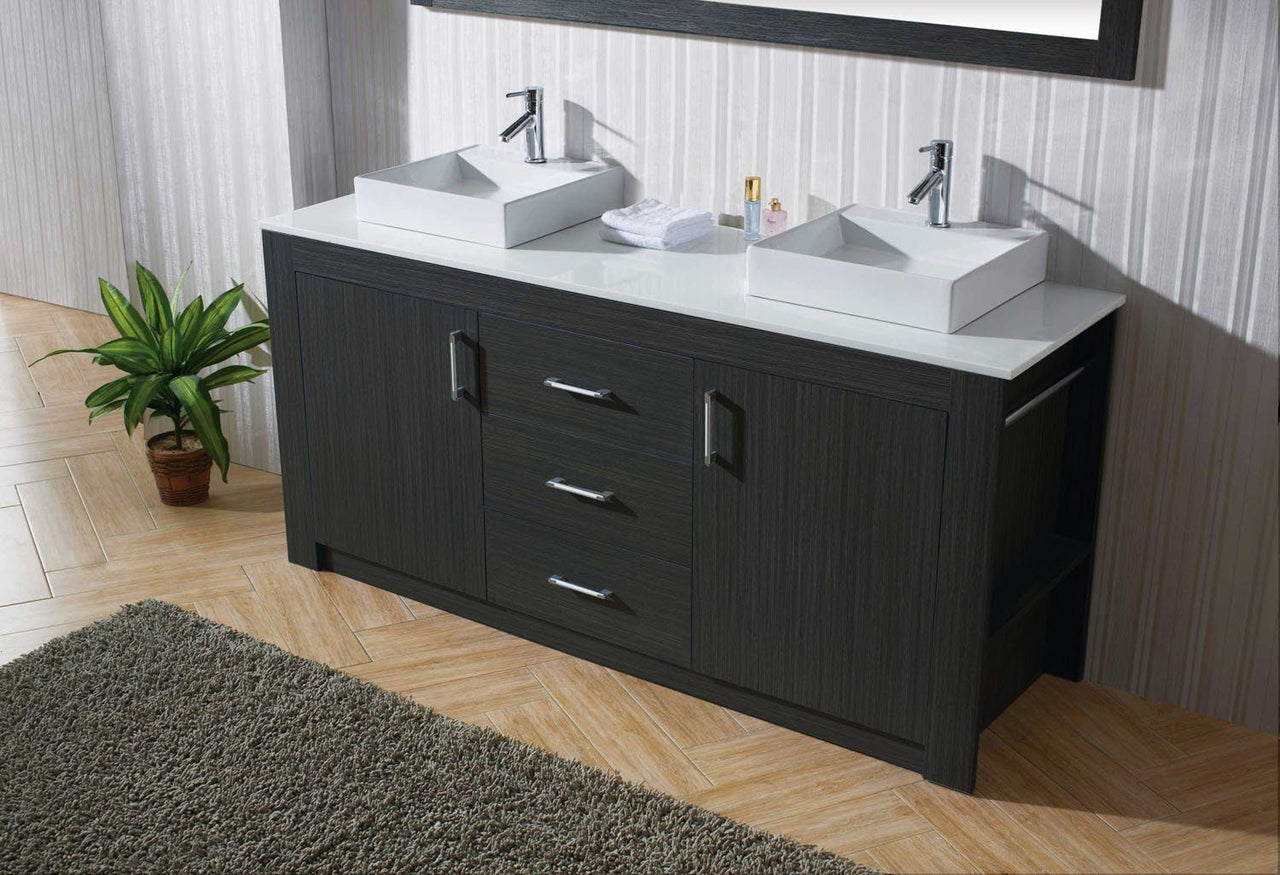 Virtu USA Tavian 60" Double Square Sink Zebra Grey Top Vanity Grey with Polished Chrome Faucet and Mirror Vanity Virtu USA 