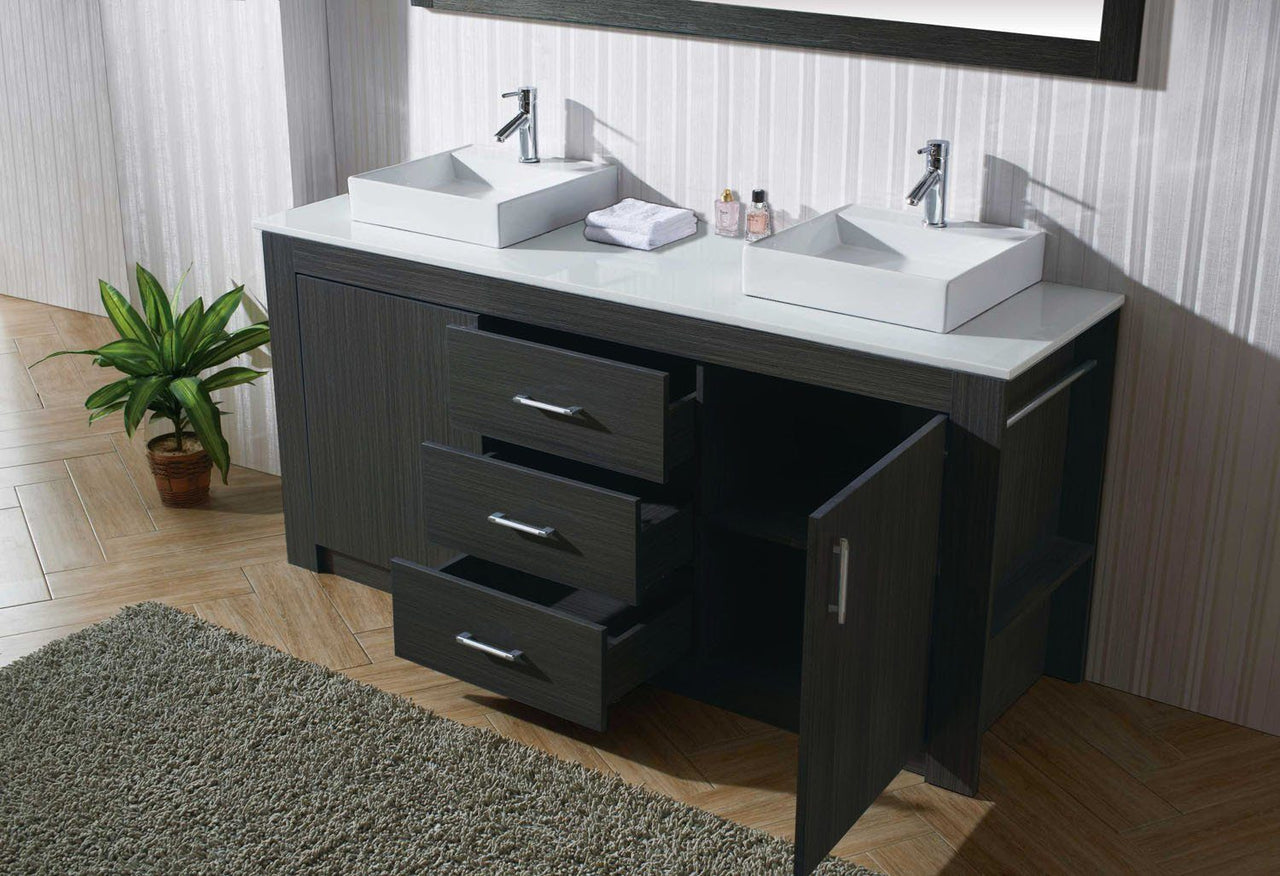 Virtu USA Tavian 60" Double Square Sink Zebra Grey Top Vanity Grey with Polished Chrome Faucet and Mirror Vanity Virtu USA 