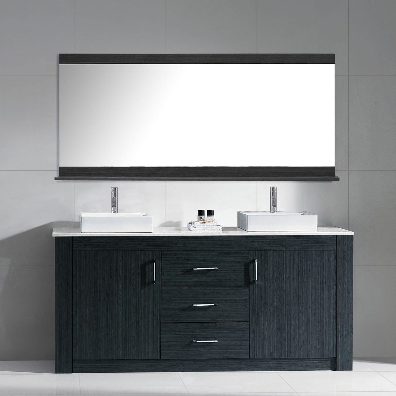 Virtu USA Tavian 72" Double Square Sink Grey Top with Polished Chrome Faucet and Mirror Vanity Virtu USA 