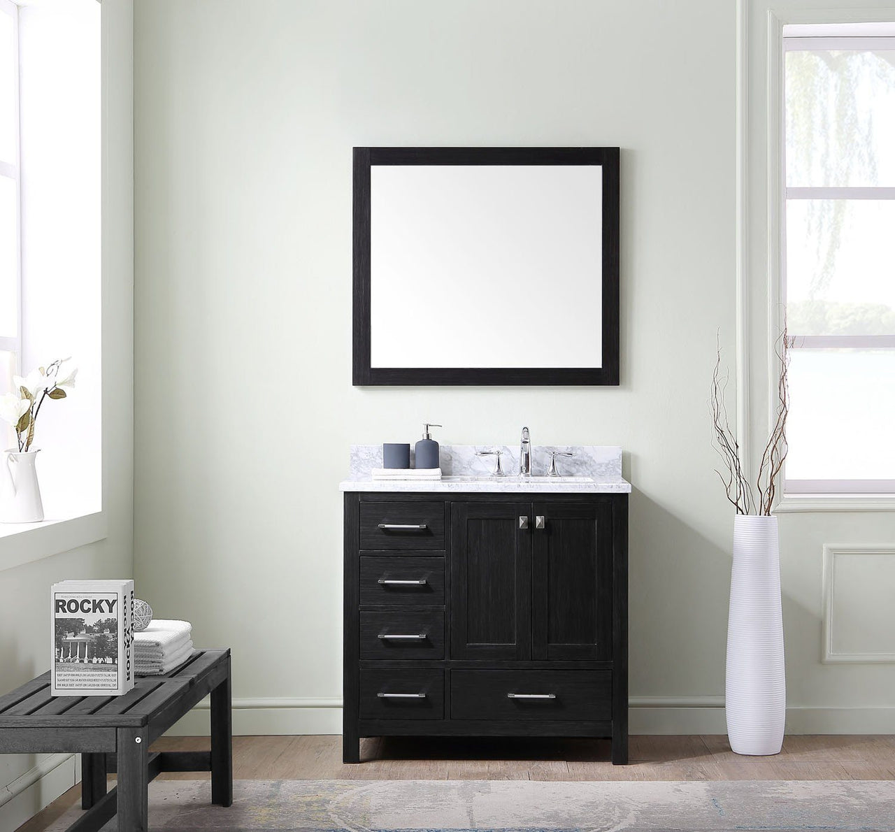 Virtu USA Caroline Premium 36" Single Square Sink Zebra Grey Top Vanity in Zebra Grey with Mirror Vanity Virtu USA 