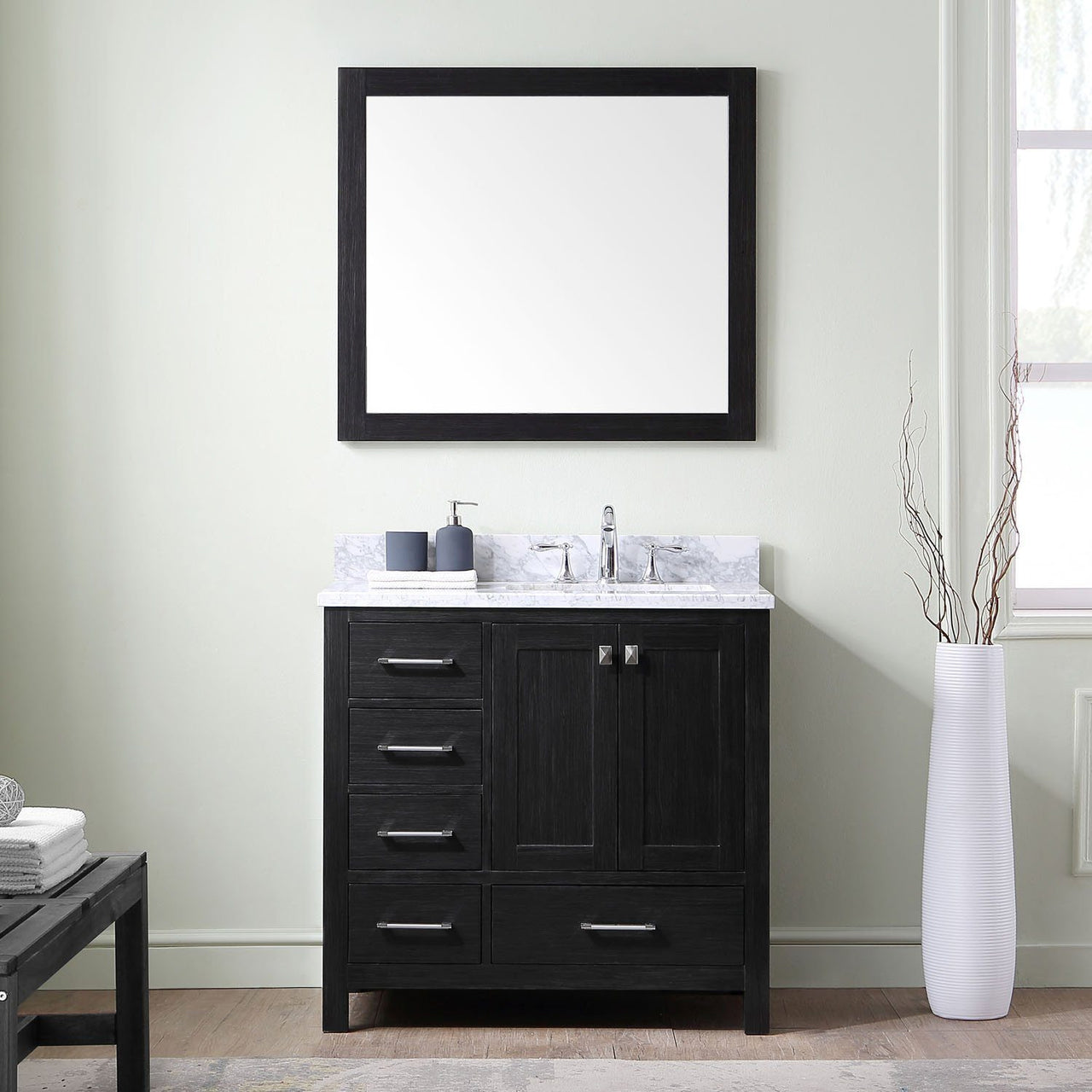 Virtu USA Caroline Premium 36" Single Square Sink Zebra Grey Top Vanity in Zebra Grey with Mirror Vanity Virtu USA 