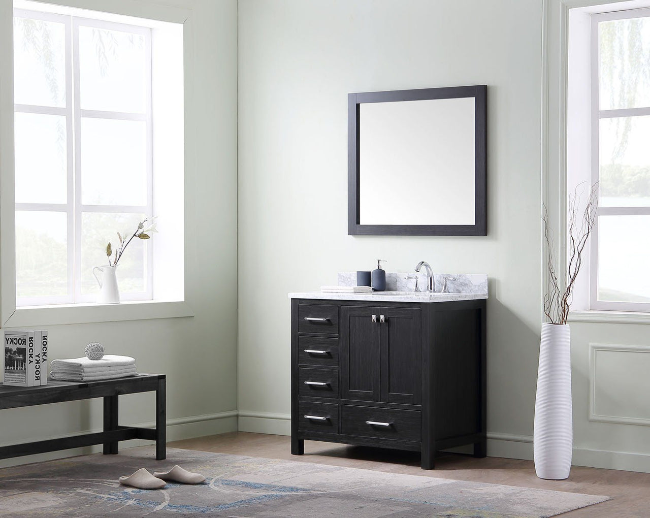 Virtu USA Caroline Premium 36" Single Square Sink Zebra Grey Top Vanity in Zebra Grey with Mirror Vanity Virtu USA 
