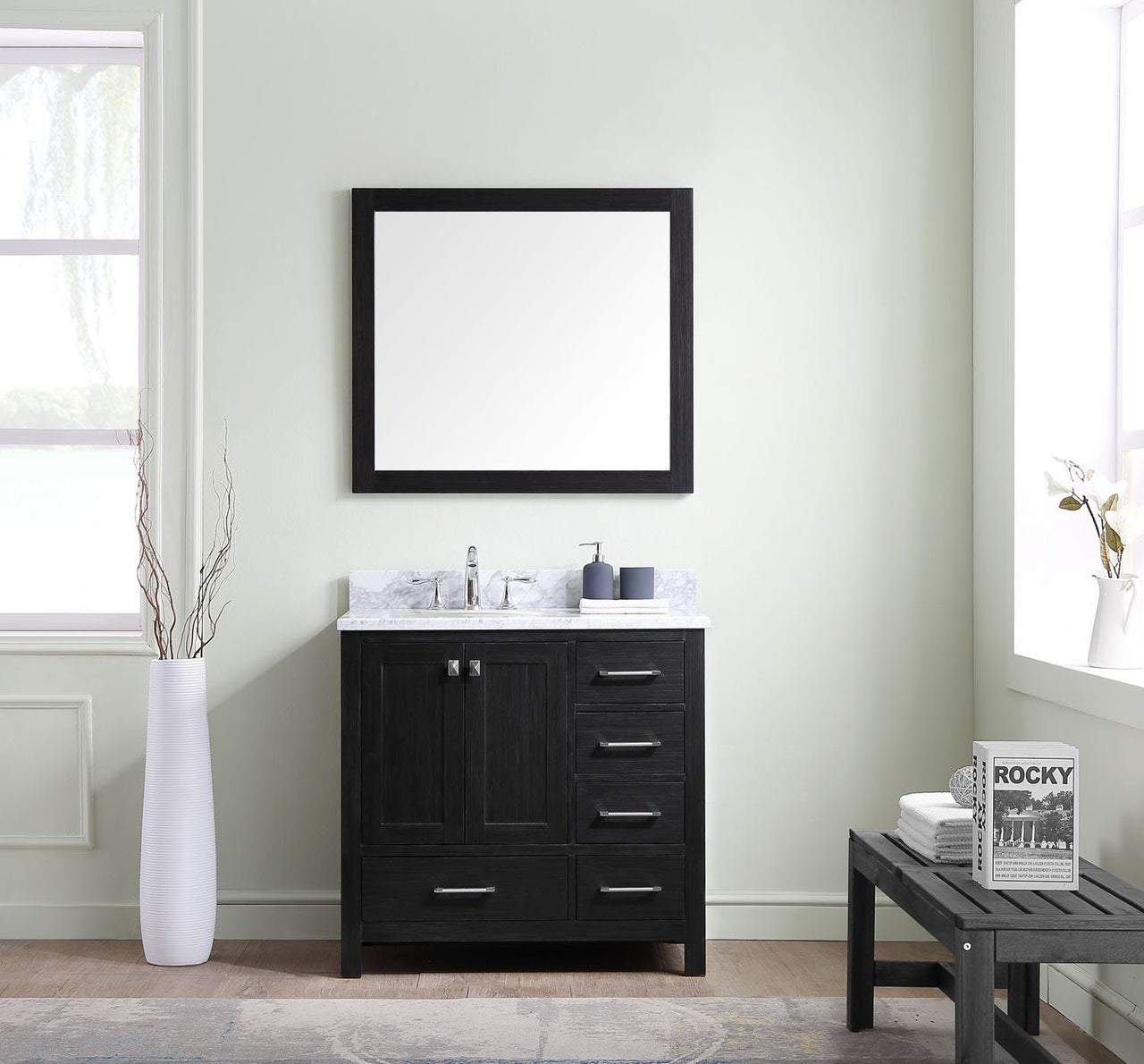 Virtu USA Caroline Premium 36" Single Round Sink Zebra Grey Top Vanity with Mirror Vanity Virtu USA 