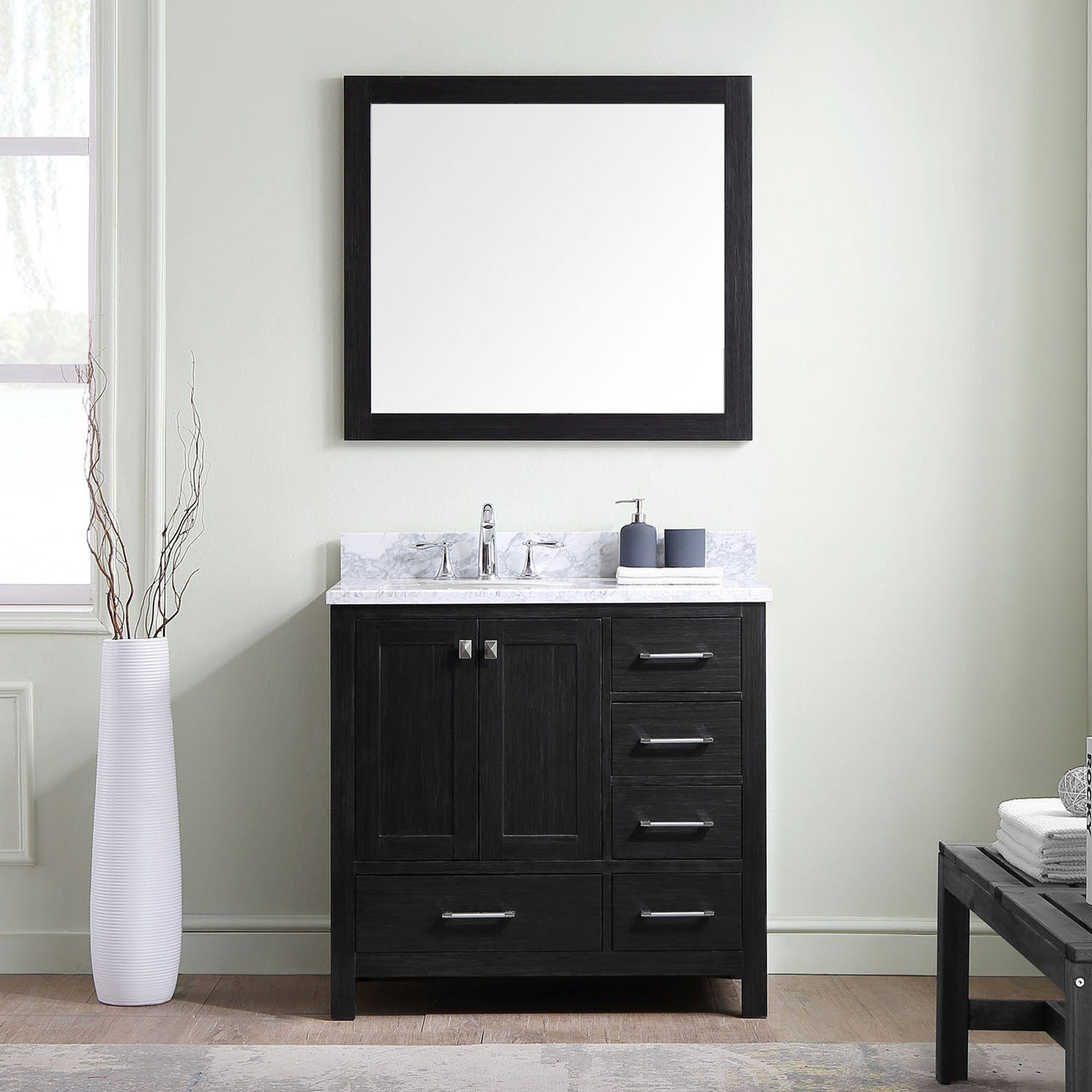 Virtu USA Caroline Premium 36" Single Round Sink Zebra Grey Top Vanity with Mirror Vanity Virtu USA 