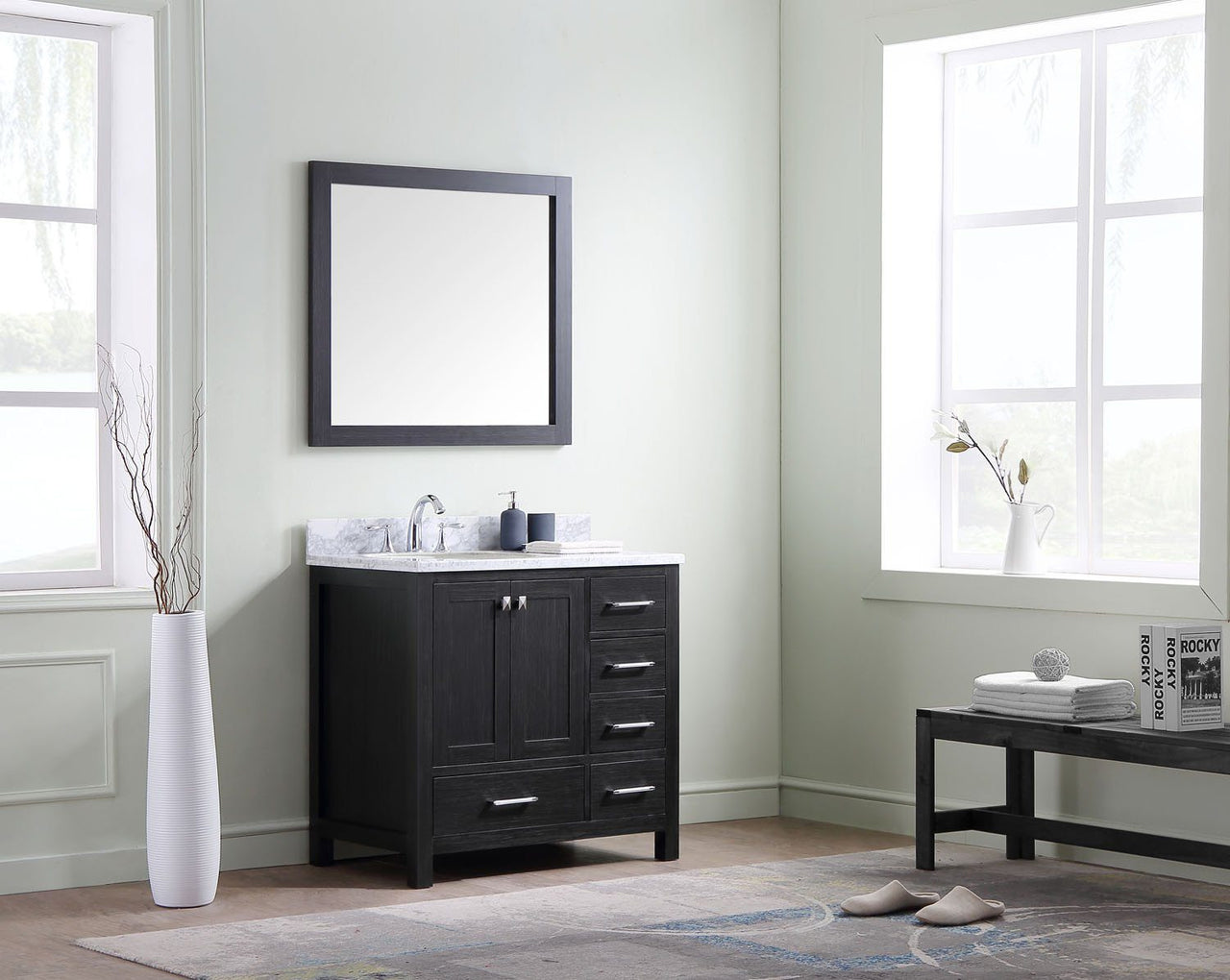 Virtu USA Caroline Premium 36" Single Round Sink Zebra Grey Top Vanity with Mirror Vanity Virtu USA 