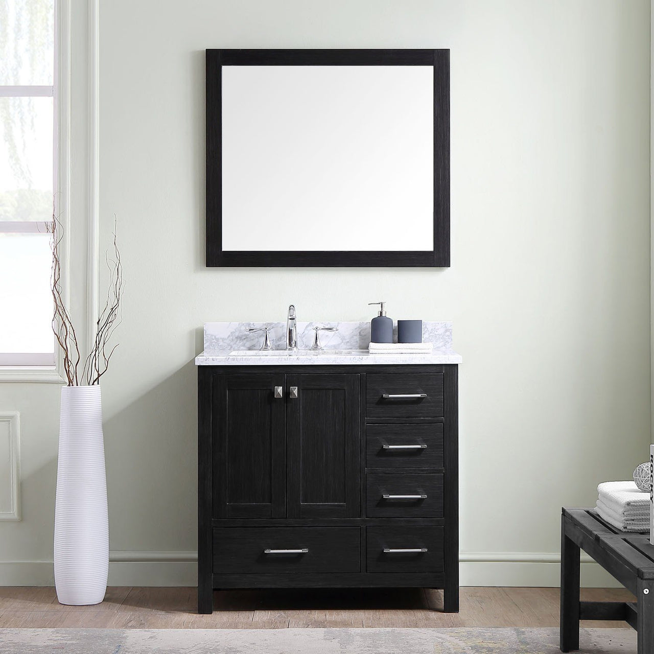 Virtu USA Caroline Premium 36" Single Square Sink Zebra Grey Top Vanity in Zebra Grey with Mirror Vanity Virtu USA 
