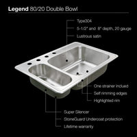 Thumbnail for Houzer Legend Series Top mount Stainless Steel 4-hole 70/30 Double Bowl Kitchen Sink Kitchen Sink-Top Mount Houzer 