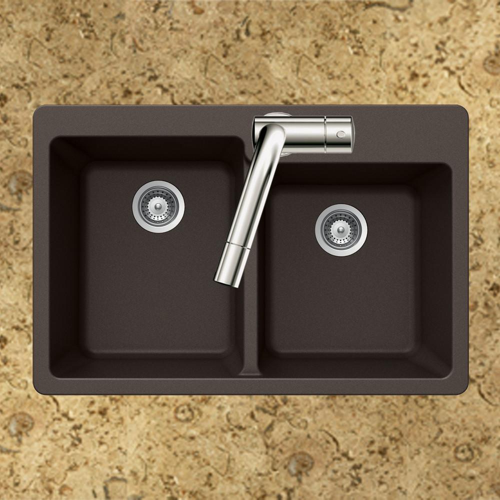 Houzer MOCHA Quartztone Series Granite Topmount 60/40 Double Bowl Kitchen Sink, Mocha Kitchen Sink - Topmount Houzer 