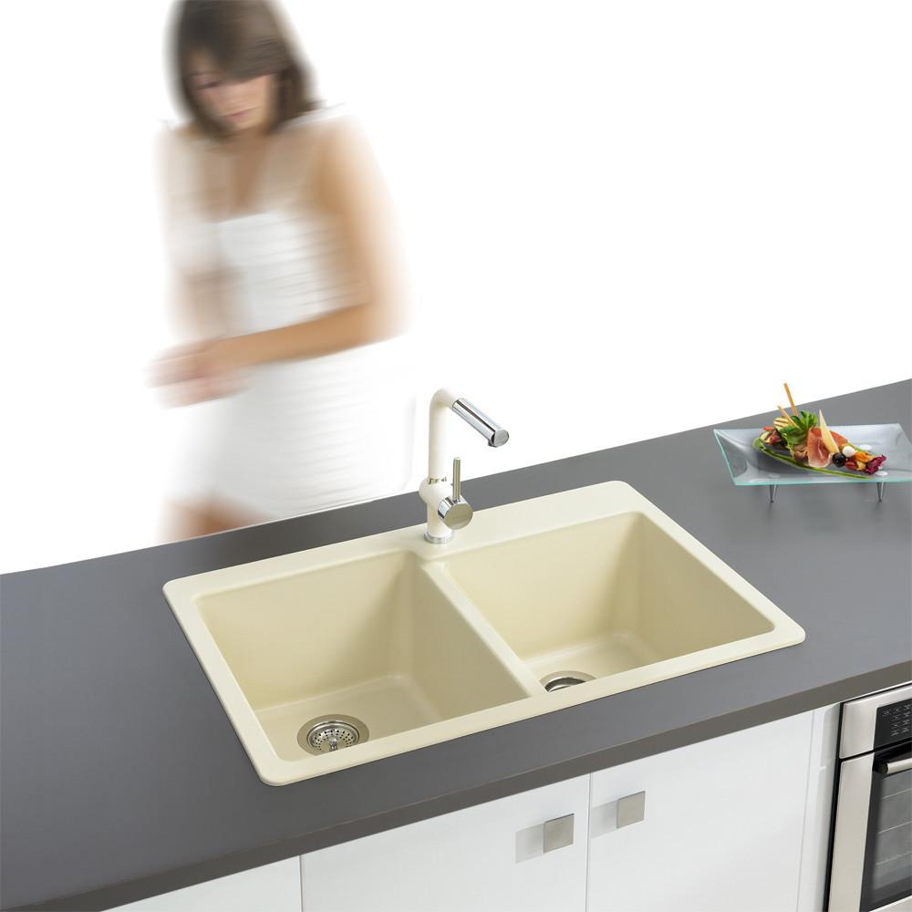 Houzer SAND Quartztone Series Granite Topmount 60/40 Double Bowl Kitchen Sink, Sand Kitchen Sink - Topmount Houzer 