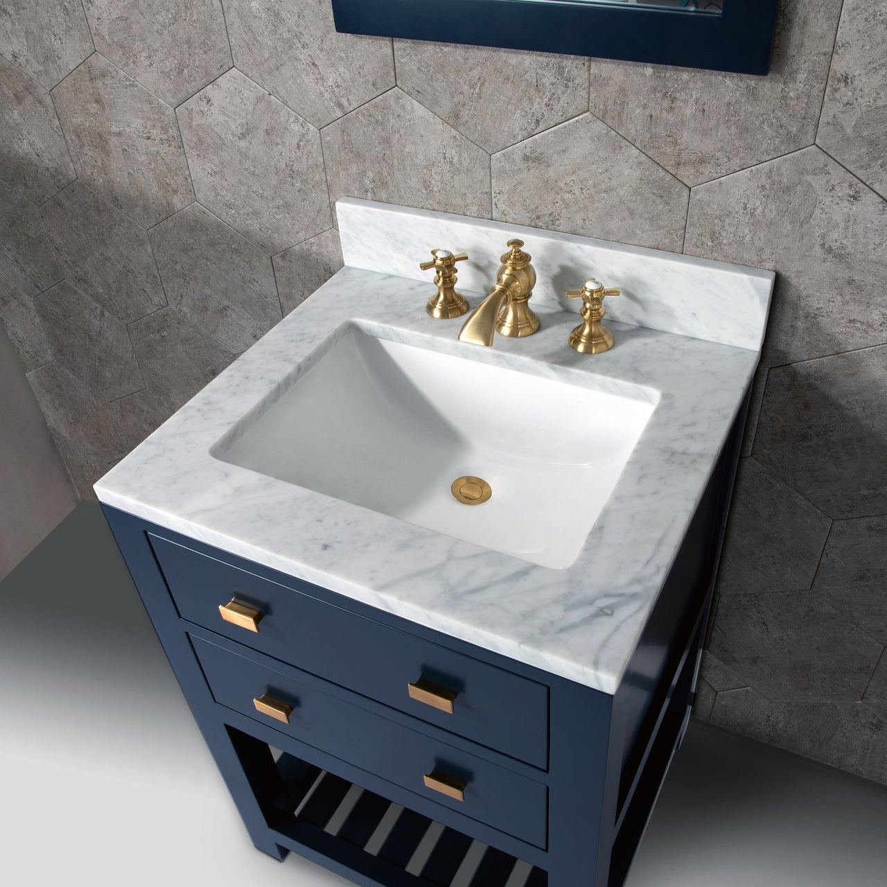 24 Inch Monarch Blue Single Sink Bathroom Vanity With F2-0013 Satin Brass Faucet And Mirror From The Madalyn Collection Vanity Water Creation 