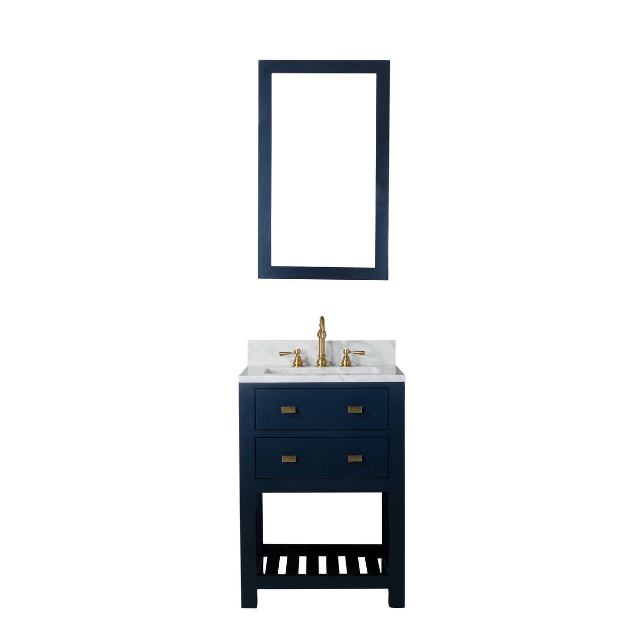 24 Inch Monarch Blue Single Sink Bathroom Vanity With F2-0012 Satin Brass Faucet And Mirror From The Madalyn Collection Vanity Water Creation 