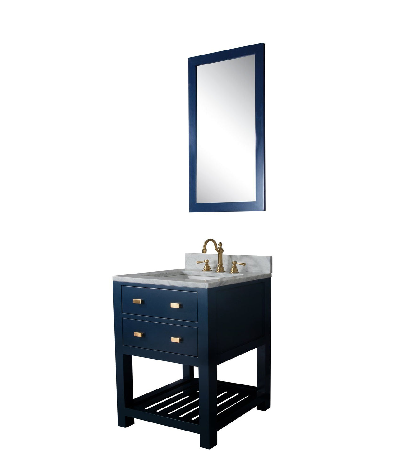 24 Inch Monarch Blue Single Sink Bathroom Vanity With F2-0012 Satin Brass Faucet And Mirror From The Madalyn Collection Vanity Water Creation 