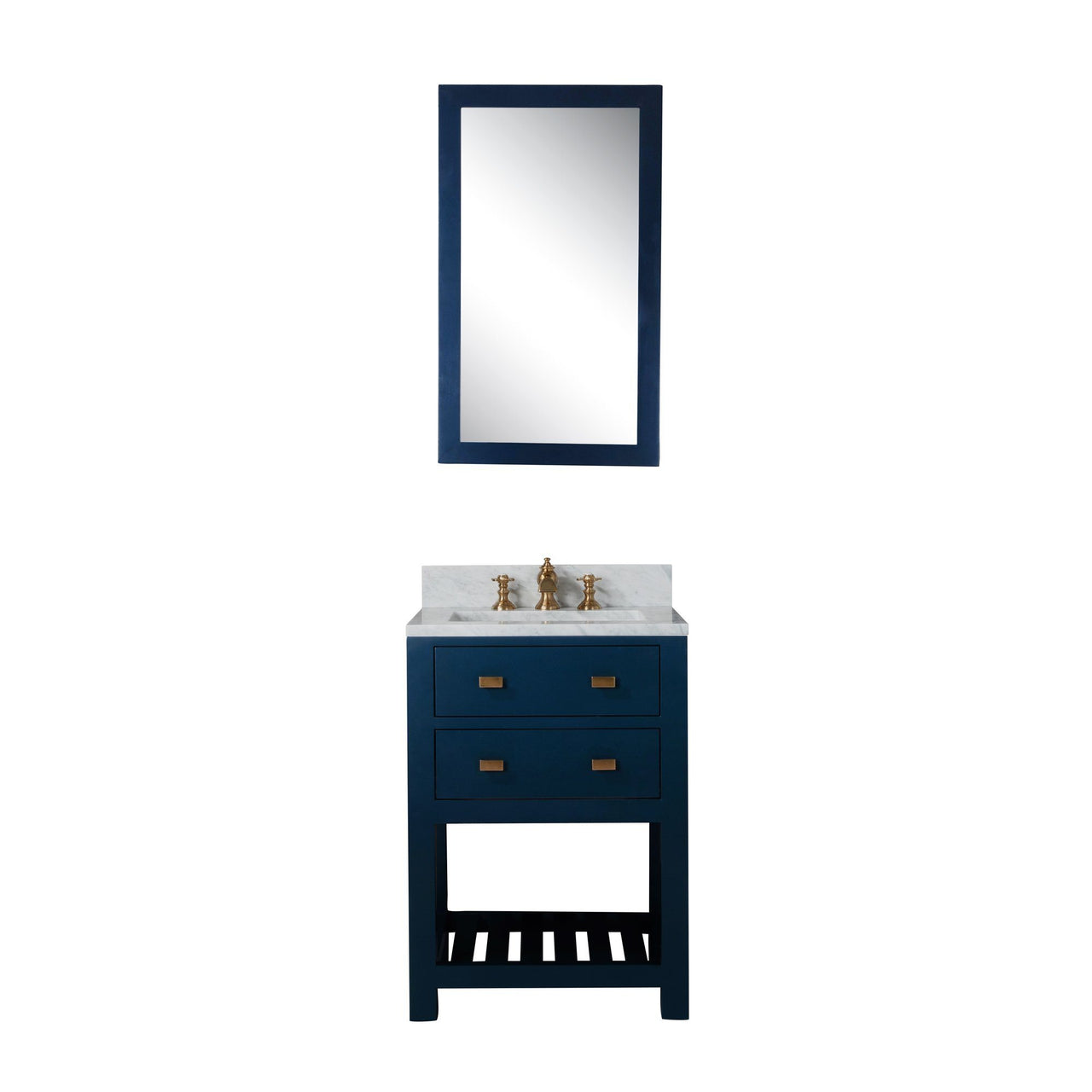 24 Inch Monarch Blue Single Sink Bathroom Vanity With F2-0013 Satin Brass Faucet And Mirror From The Madalyn Collection Vanity Water Creation 