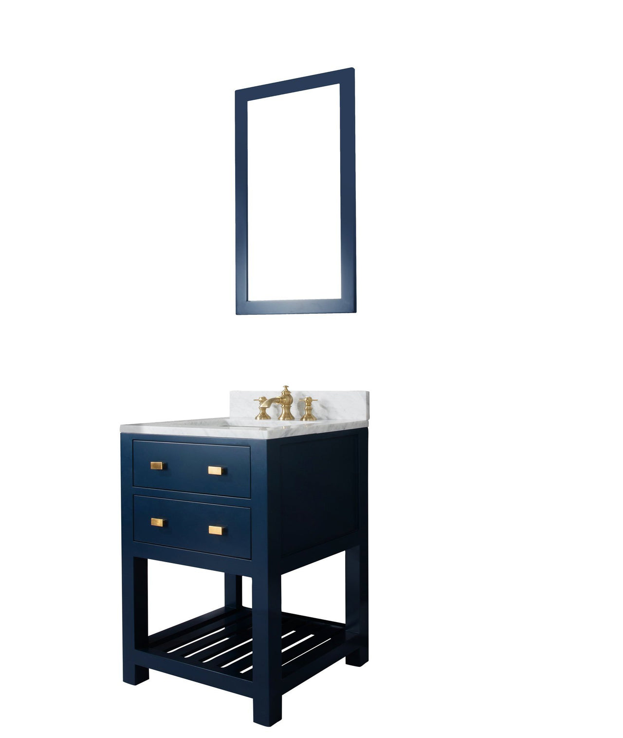 24 Inch Monarch Blue Single Sink Bathroom Vanity With F2-0013 Satin Brass Faucet And Mirror From The Madalyn Collection Vanity Water Creation 
