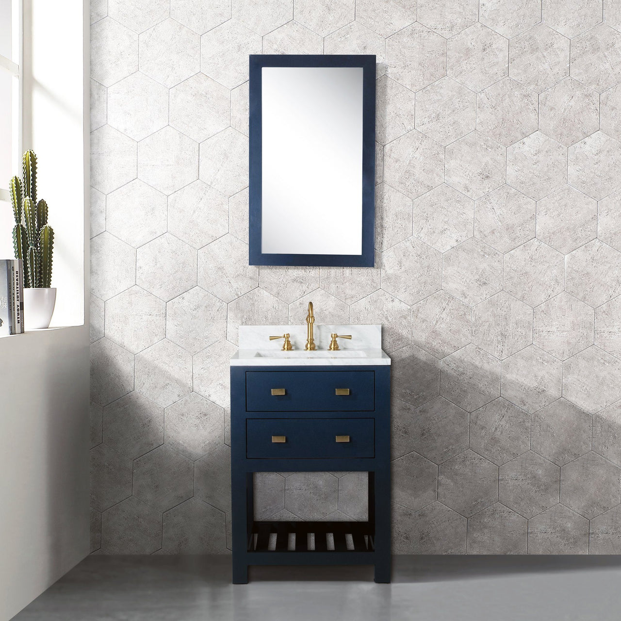 24 Inch Monarch Blue Single Sink Bathroom Vanity With F2-0012 Satin Brass Faucet And Mirror From The Madalyn Collection Vanity Water Creation 