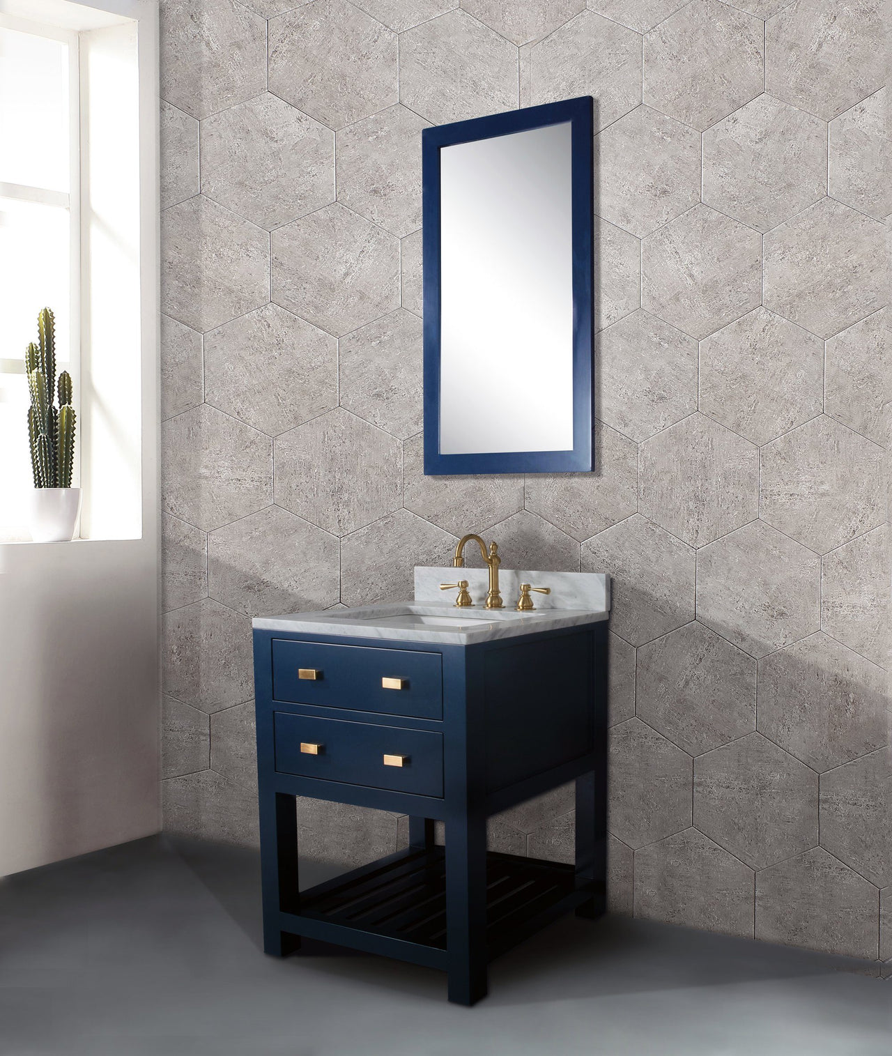 24 Inch Monarch Blue Single Sink Bathroom Vanity With F2-0012 Satin Brass Faucet From The Madalyn Collection Vanity Water Creation 