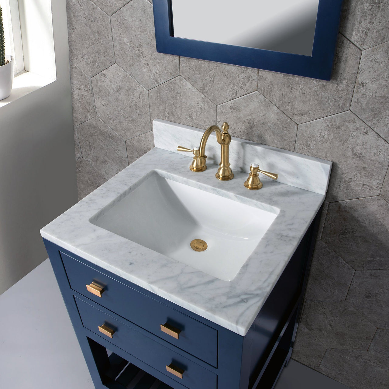 24 Inch Monarch Blue Single Sink Bathroom Vanity With F2-0012 Satin Brass Faucet From The Madalyn Collection Vanity Water Creation 