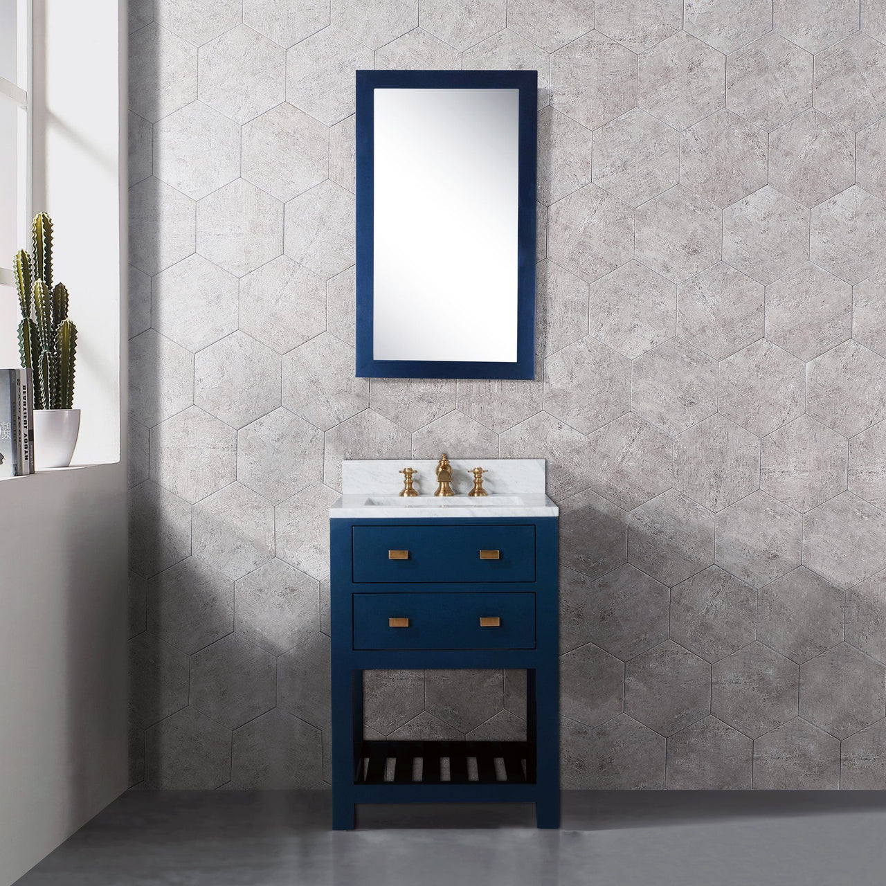 24 Inch Monarch Blue Single Sink Bathroom Vanity With F2-0013 Satin Brass Faucet From The Madalyn Collection Vanity Water Creation 