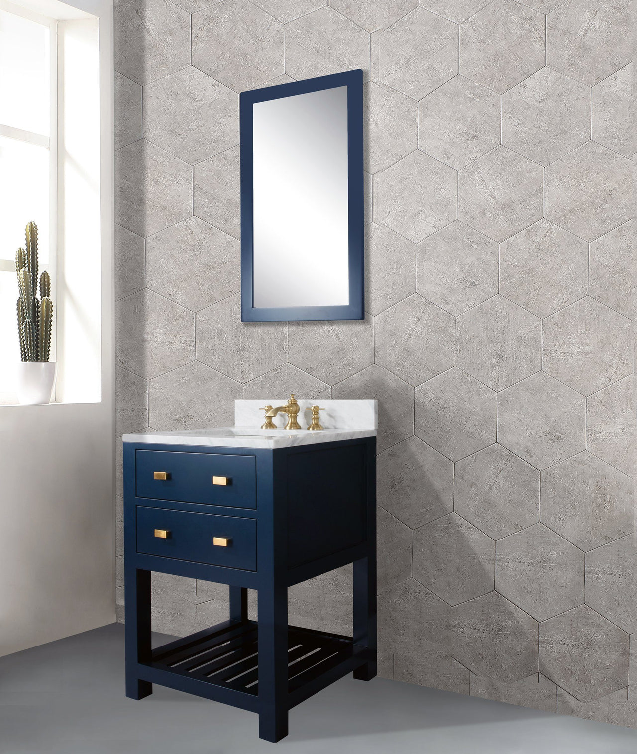 24 Inch Monarch Blue Single Sink Bathroom Vanity With F2-0013 Satin Brass Faucet And Mirror From The Madalyn Collection Vanity Water Creation 