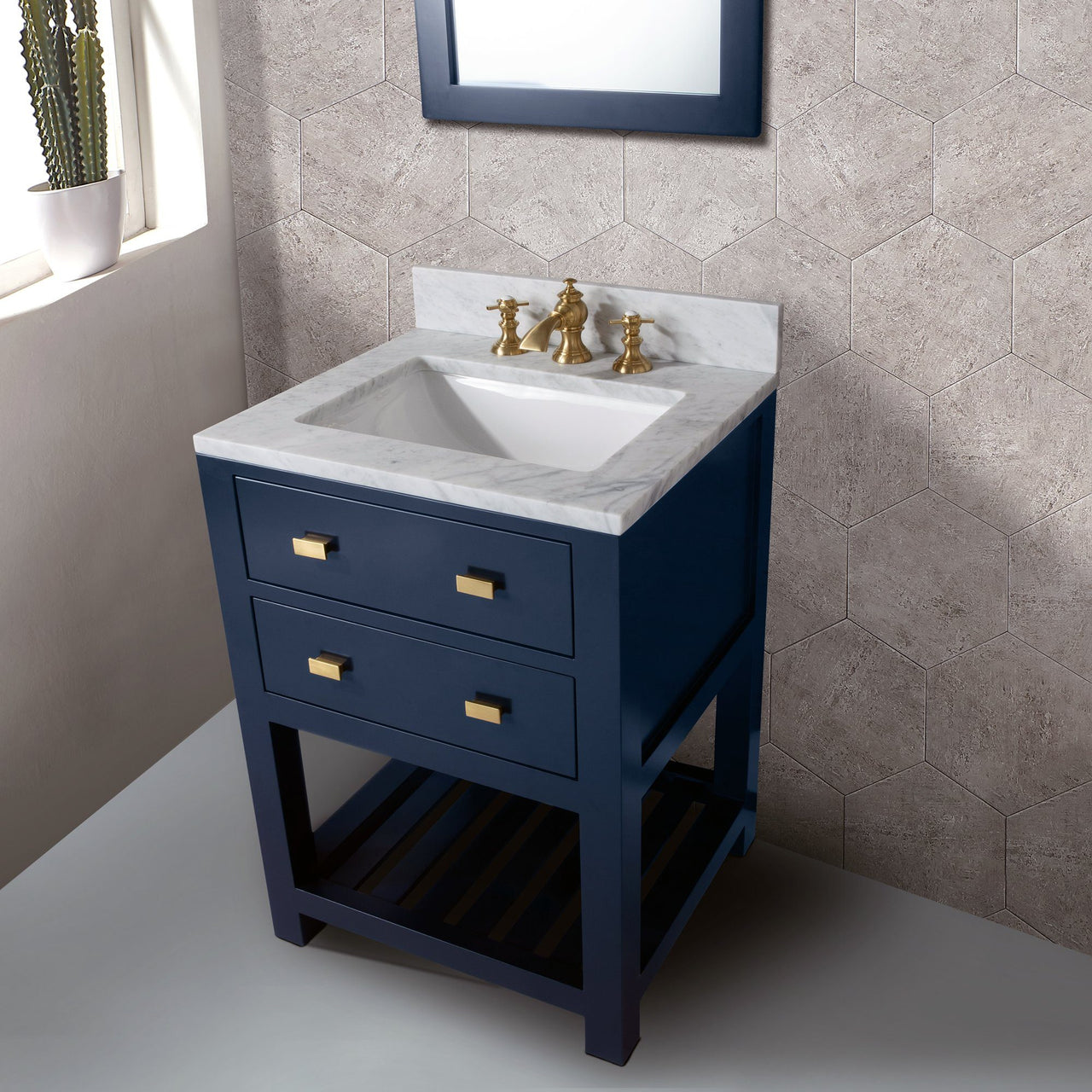 24 Inch Monarch Blue Single Sink Bathroom Vanity With F2-0013 Satin Brass Faucet And Mirror From The Madalyn Collection Vanity Water Creation 