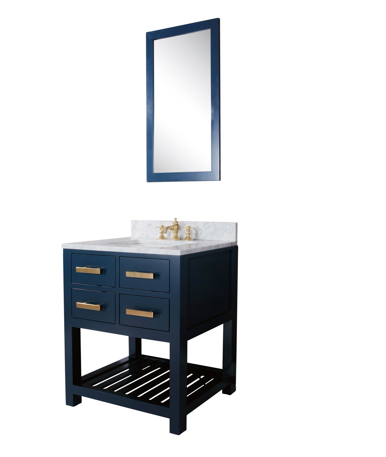30 Inch Monarch Blue Single Sink Bathroom Vanity With F2-0013 Satin Brass Faucet And Mirror From The Madalyn Collection Vanity Water Creation 
