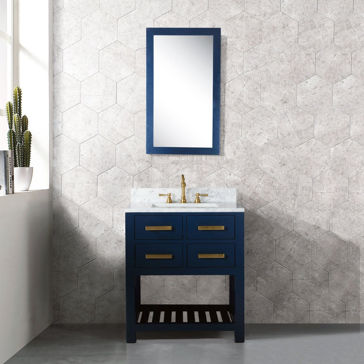30 Inch Monarch Blue Single Sink Bathroom Vanity With F2-0012 Satin Brass Faucet From The Madalyn Collection Vanity Water Creation 