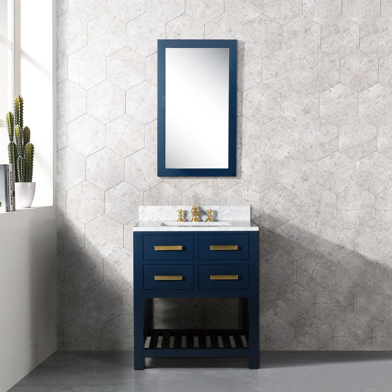 30 Inch Monarch Blue Single Sink Bathroom Vanity With F2-0013 Satin Brass Faucet From The Madalyn Collection Vanity Water Creation 