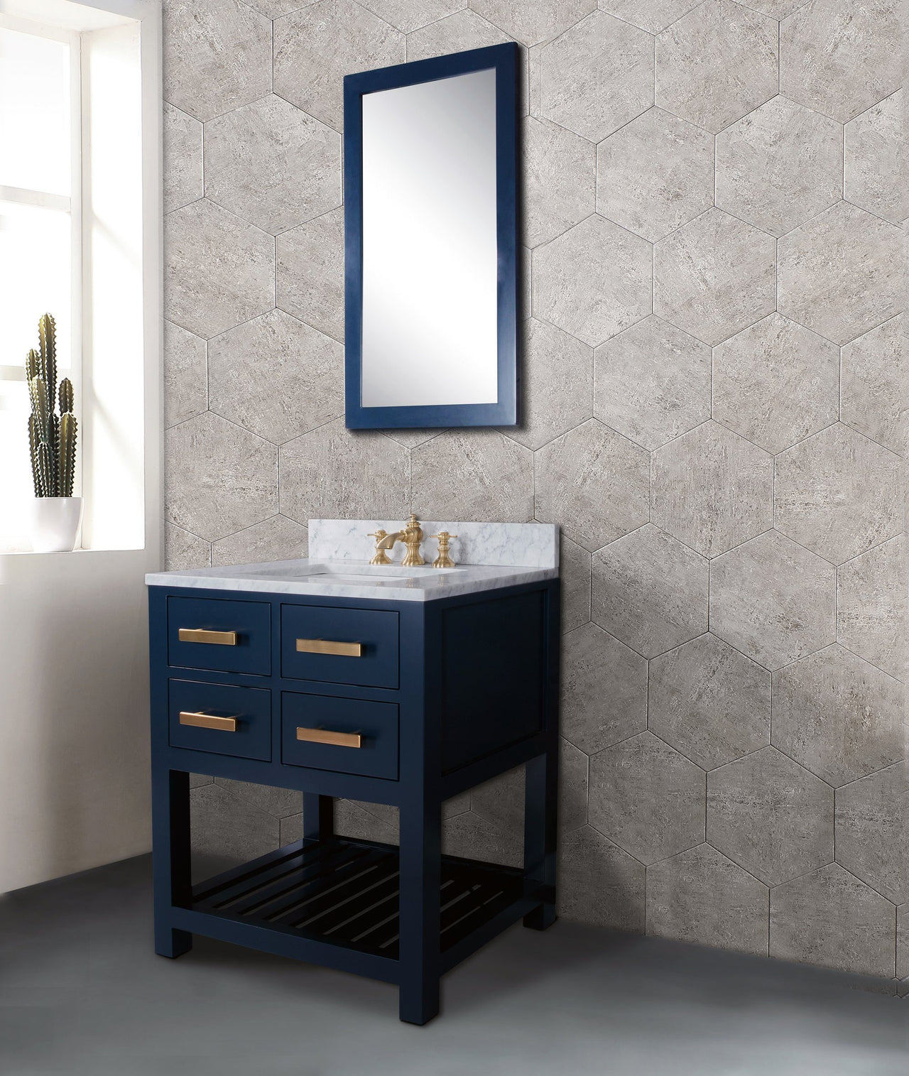 30 Inch Monarch Blue Single Sink Bathroom Vanity With F2-0013 Satin Brass Faucet From The Madalyn Collection Vanity Water Creation 