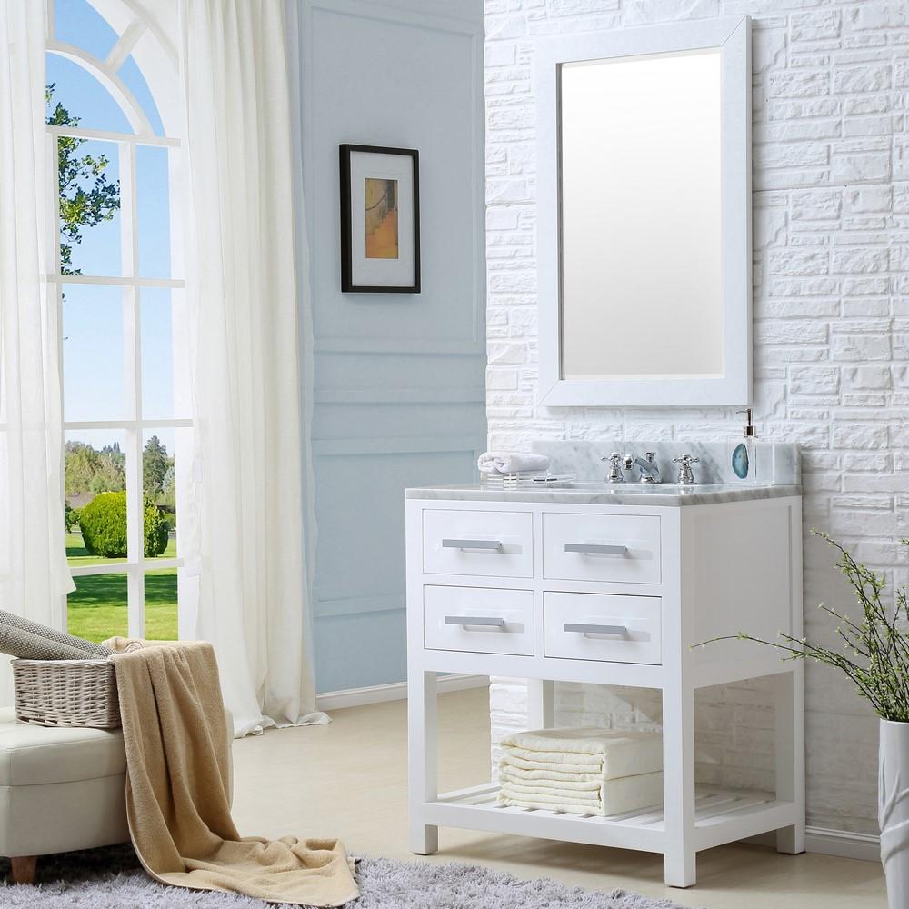 Madalyn 30" Solid White Single Sink Vanity With Framed Mirror And Faucet Vanity Water Creation 